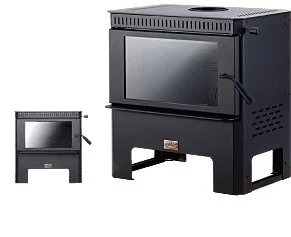 オーロラ AURORA Medium　大きなガラス窓を持つ黒いコンパクトな薪ストーブ。脚の付いた台座付き