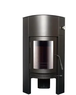 オーロラ AURORA Smart2 AQUA　背の高い黒のコーナー設置型薪ストーブ。曲面の天板と縦長のガラス窓