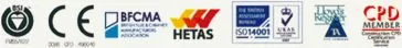 CE、BFCMA、HETAS、ISO14001、BSI、CPD MEMBER などの認証マーク