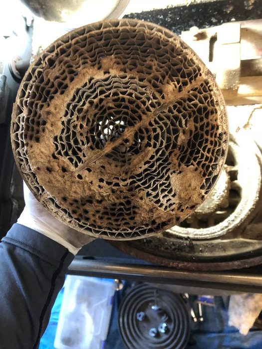 手袋をした手が持つ、ハチの巣状の触媒。細かい穴のほとんどが灰と煤で塞がり、光が通っているのは中心のわずかだけ
