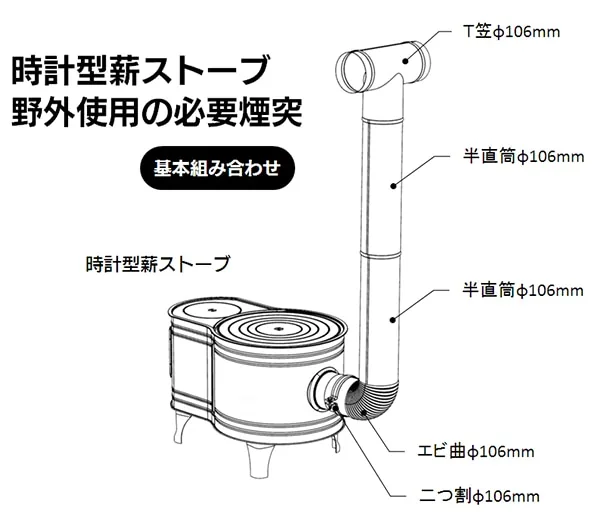 黒耐熱 窓付時計型薪ストーブ ASW-60B の説明図(ホンマ製作所)