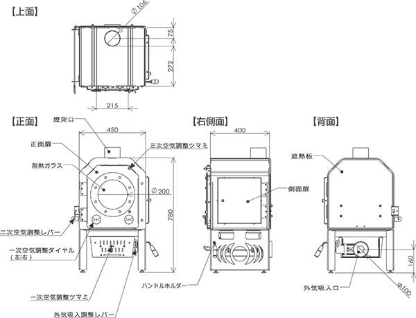 ペレット・薪兼用ストーブ ゆらぎ YFE-78 の説明図(ホンマ製作所)