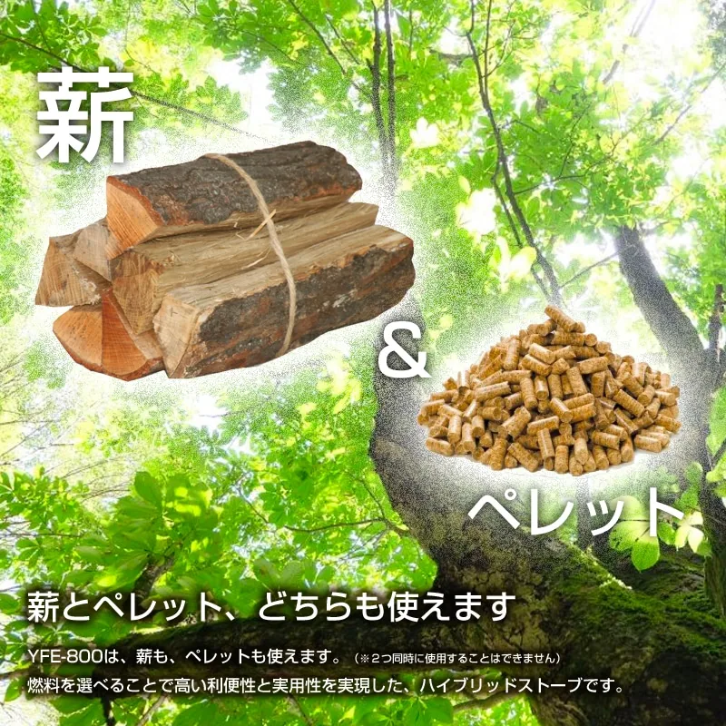 ペレット・薪兼用ストーブ YFE-800 の説明図(ホンマ製作所)