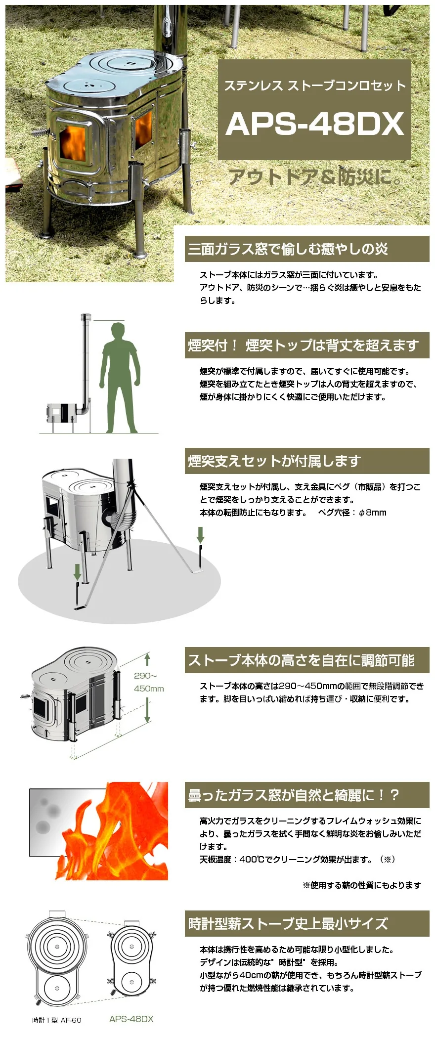 ステンレス ストーブコンロセット APS-48DX の説明図(ホンマ製作所)