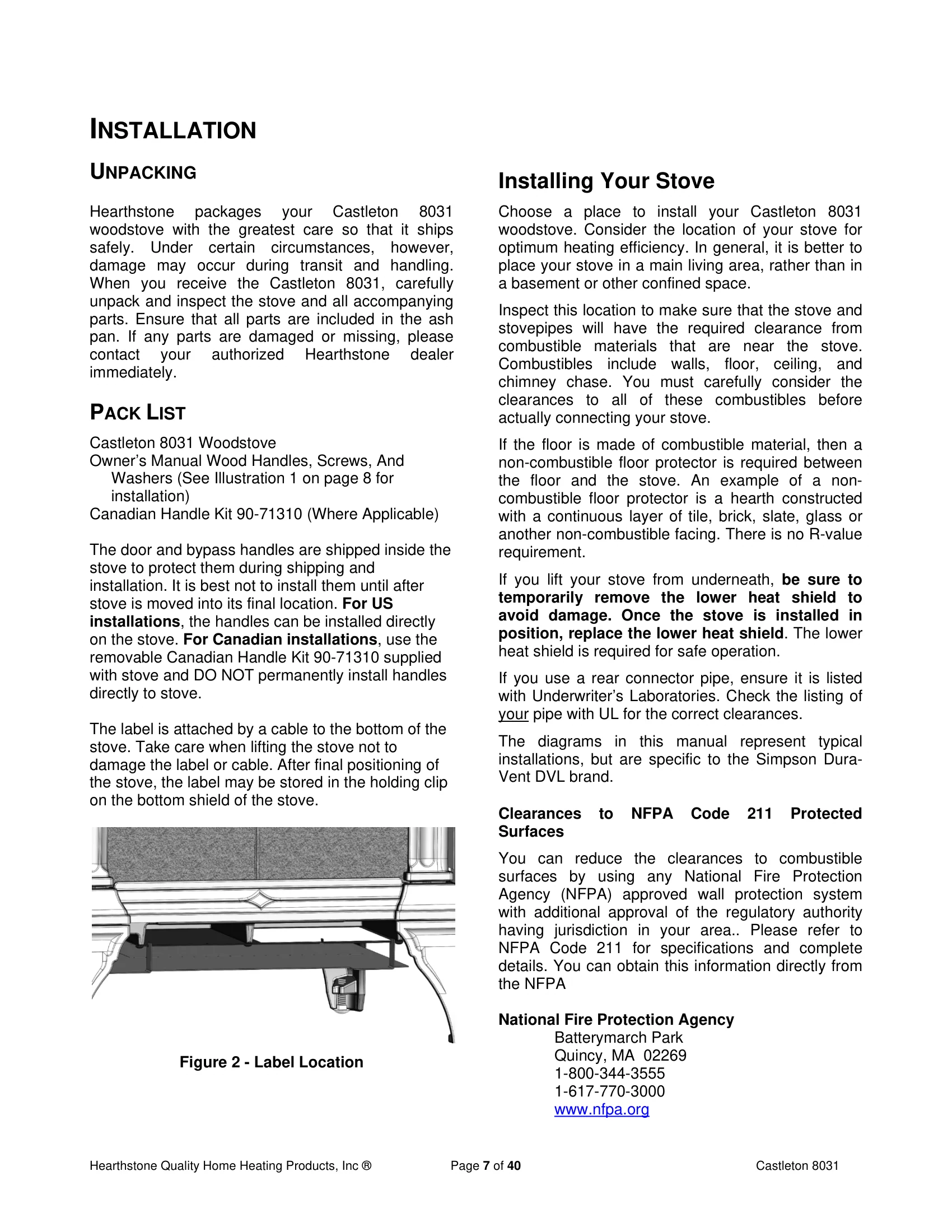 ハースストーン CASTLETON8031_EPA WOOD STOVE PI 20152 NON CBI 技術資料 194ページ目