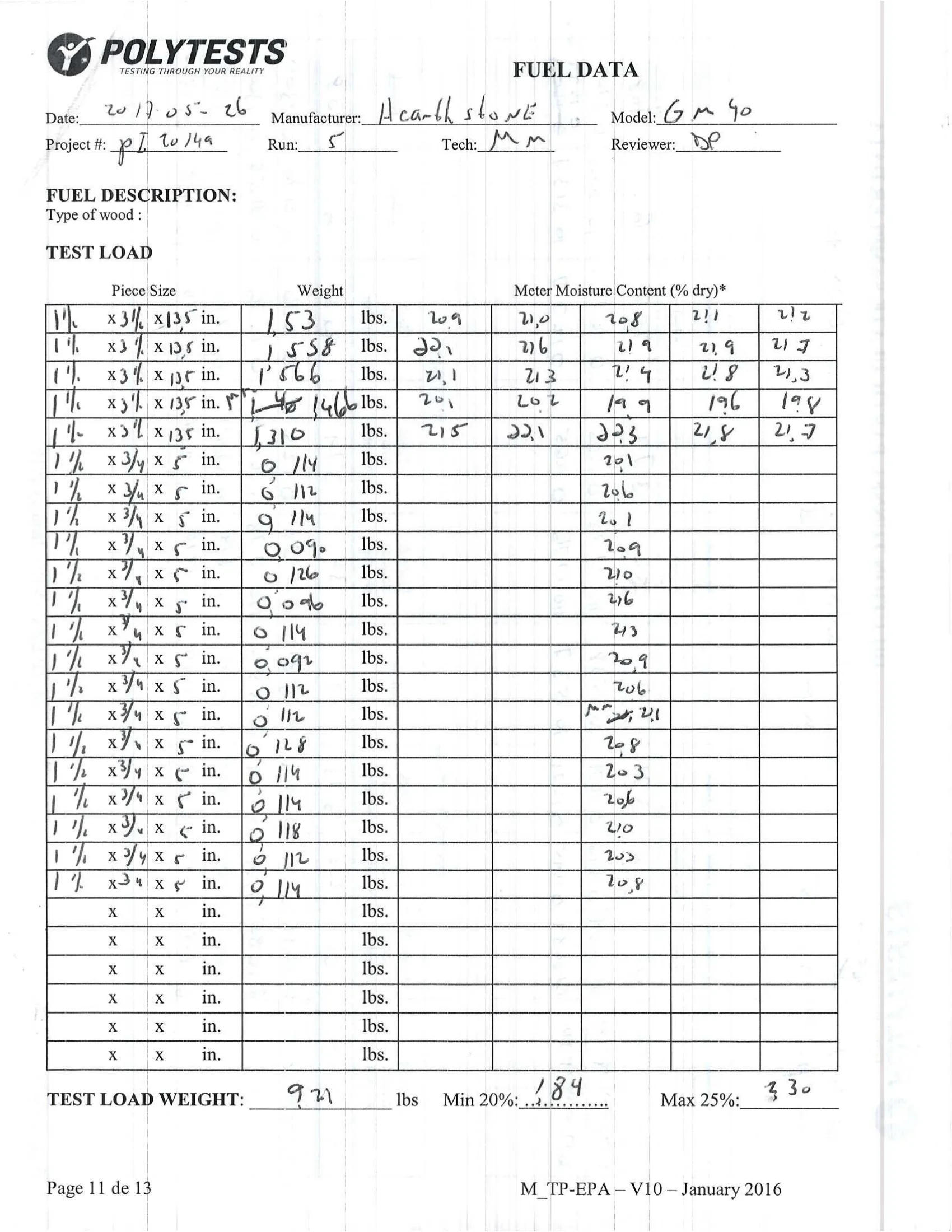 ハースストーン GREENMOUNTAIN40_EPA WOOD STOVE PI 20149 NON CBI 技術資料 131ページ目
