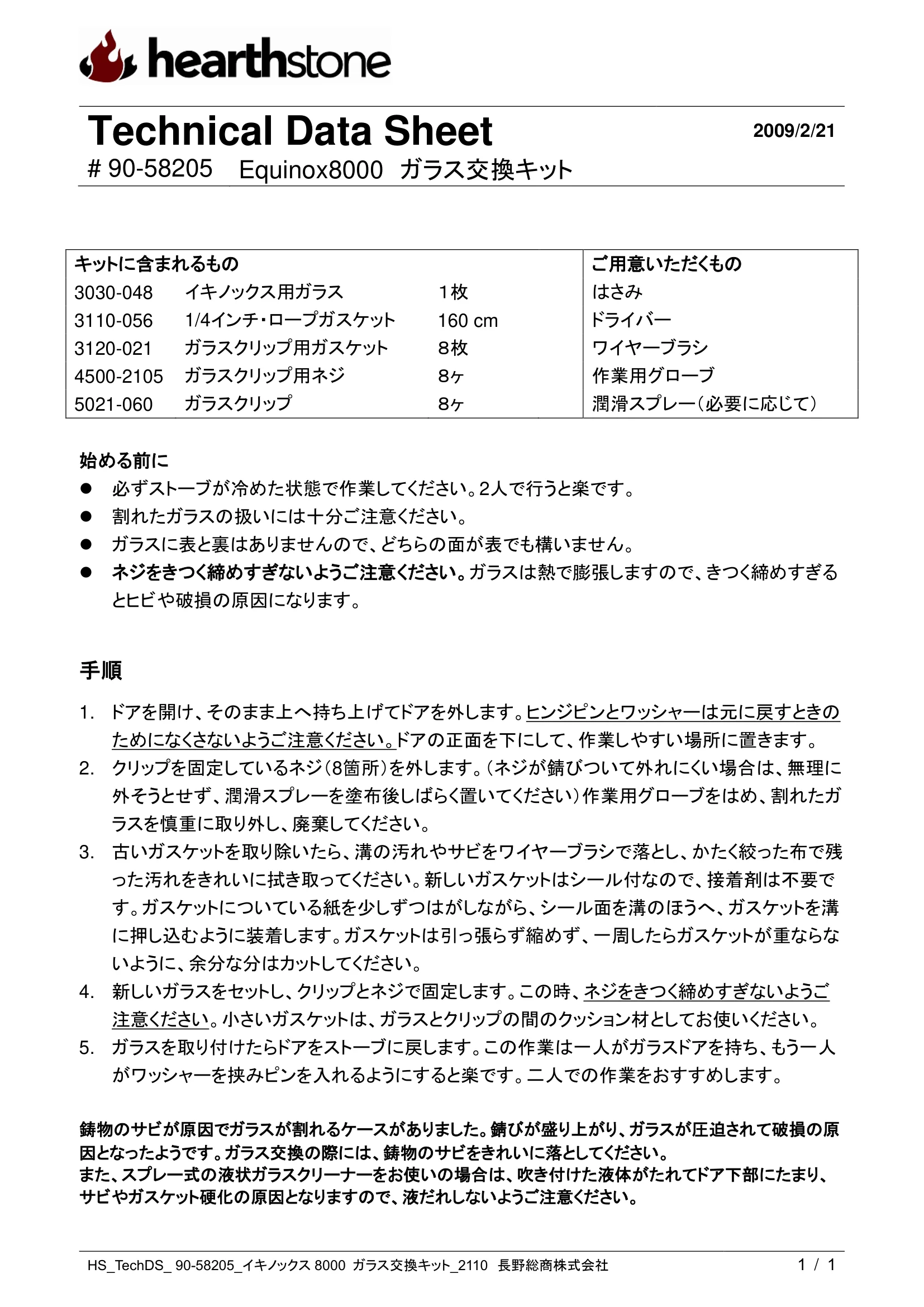 ハースストーン GLASS KIT EQUINOX_90 58205_2110 技術資料