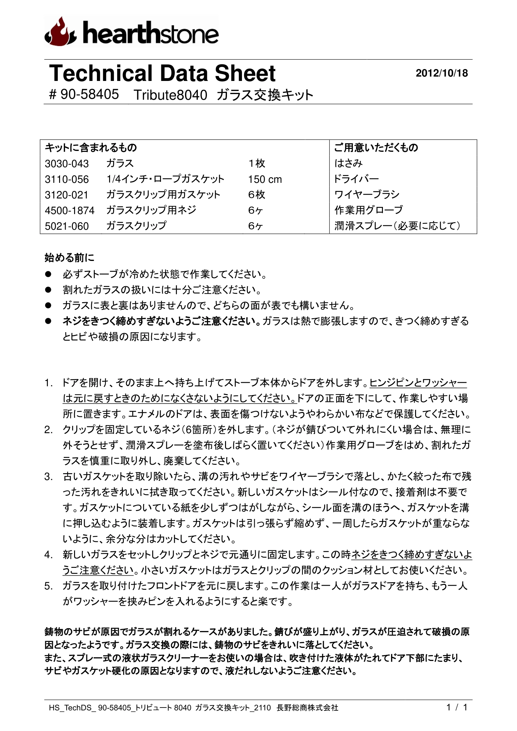ハースストーン GLASS KIT TRIBUTE_90 58405_2110 技術資料