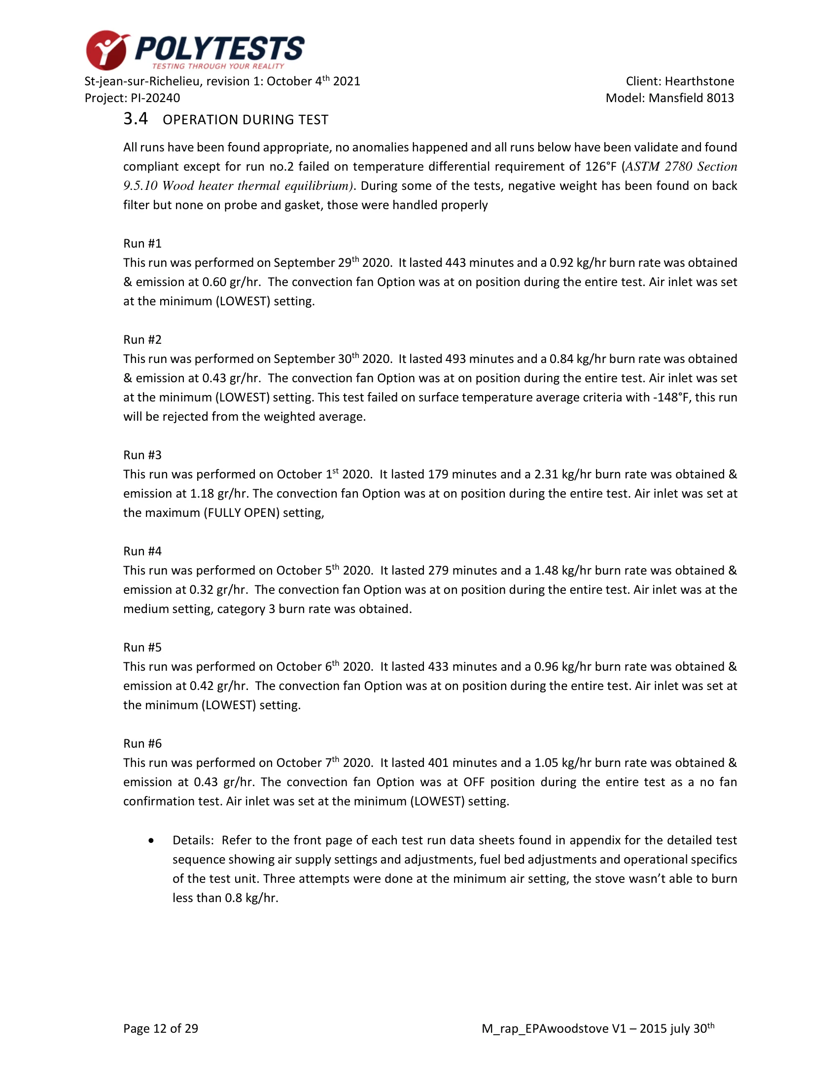ハースストーン HEARTHSTONE MANSFIELD 8013 EPA REPORT 技術資料 12ページ目