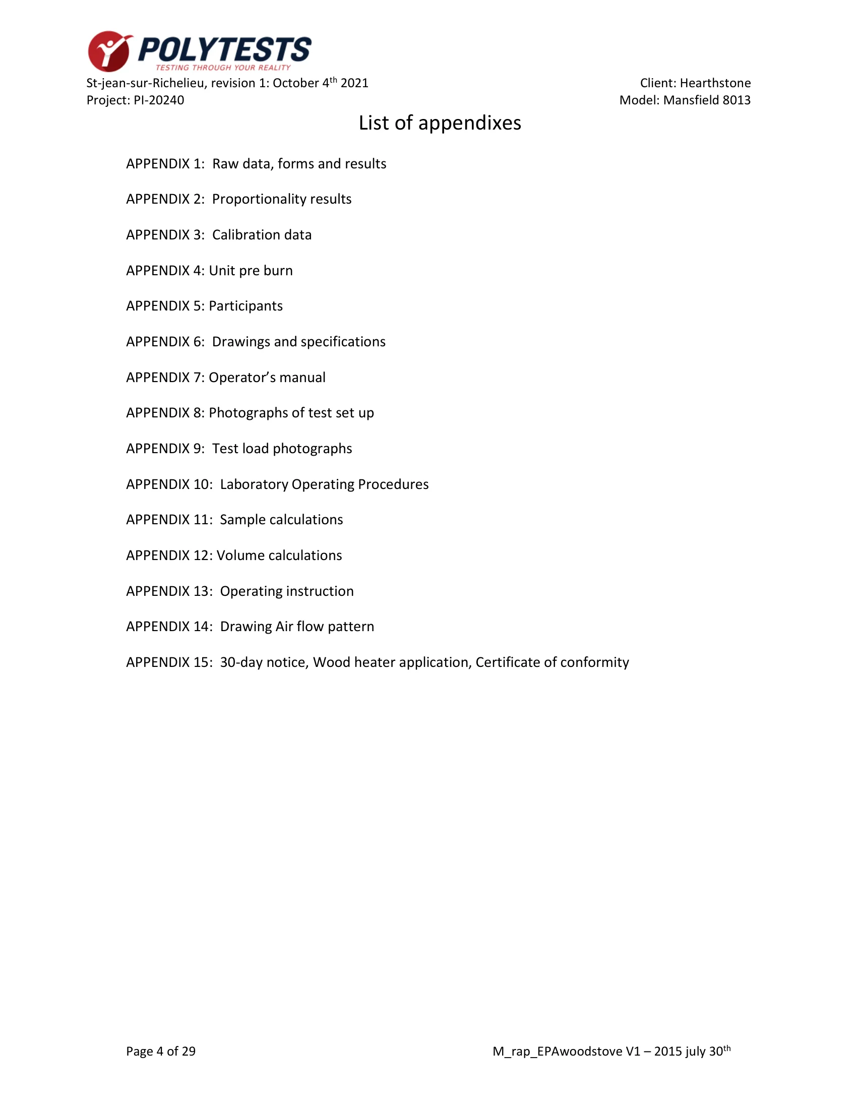 ハースストーン HEARTHSTONE MANSFIELD 8013 EPA REPORT 技術資料 4ページ目