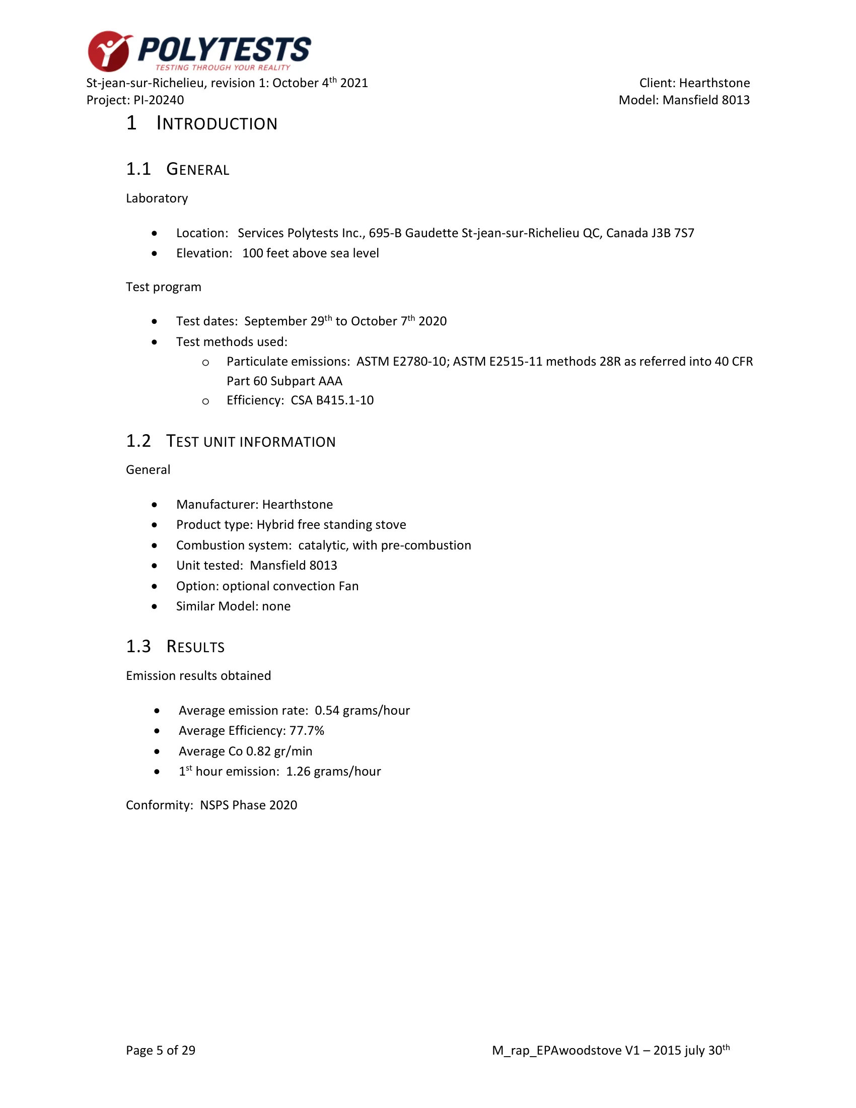 ハースストーン HEARTHSTONE MANSFIELD 8013 EPA REPORT 技術資料 5ページ目