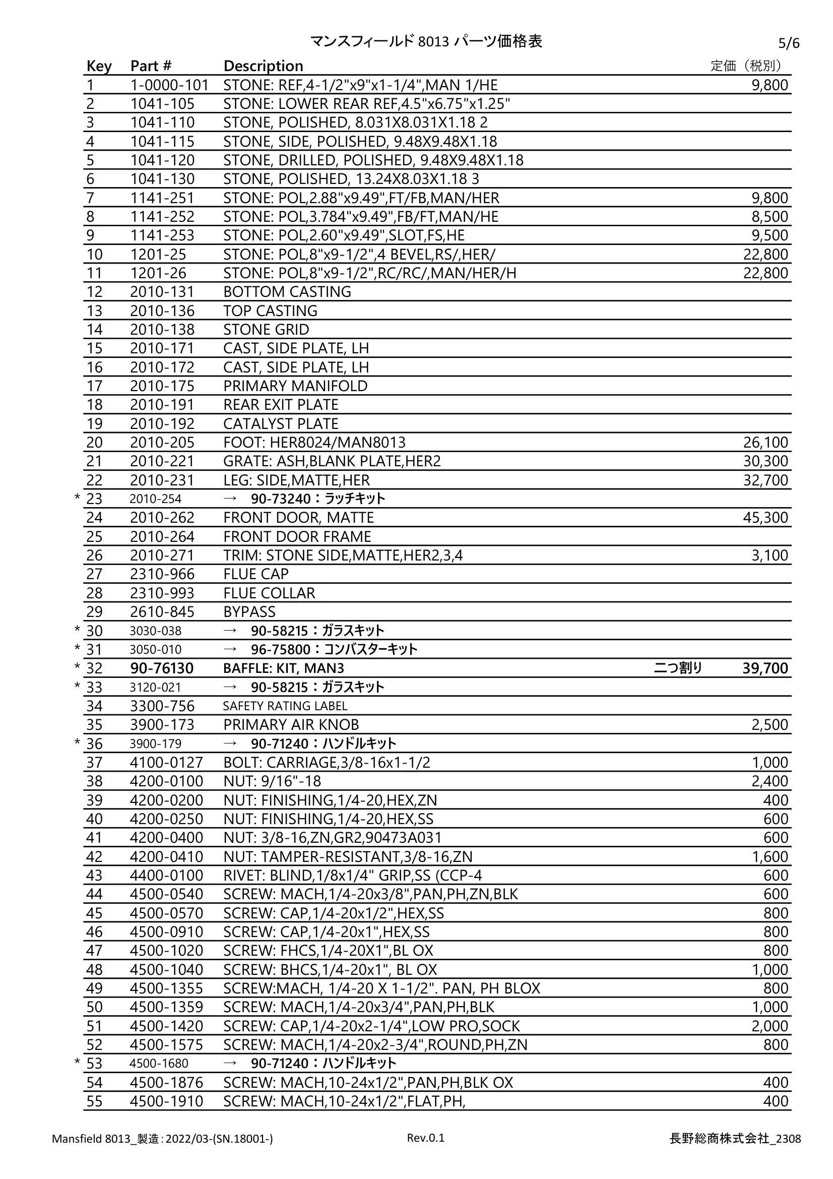 ハースストーン MANSFIELD8013 PARTS（2023年版） 価格表 5ページ目