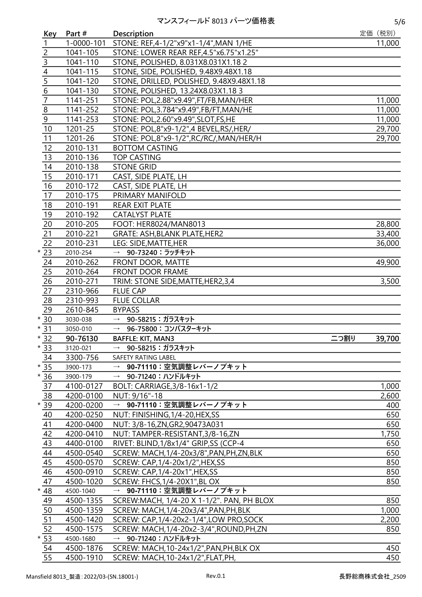 ハースストーン PARTS PRICE MANSFIELDTH8013_2509 技術資料 5ページ目