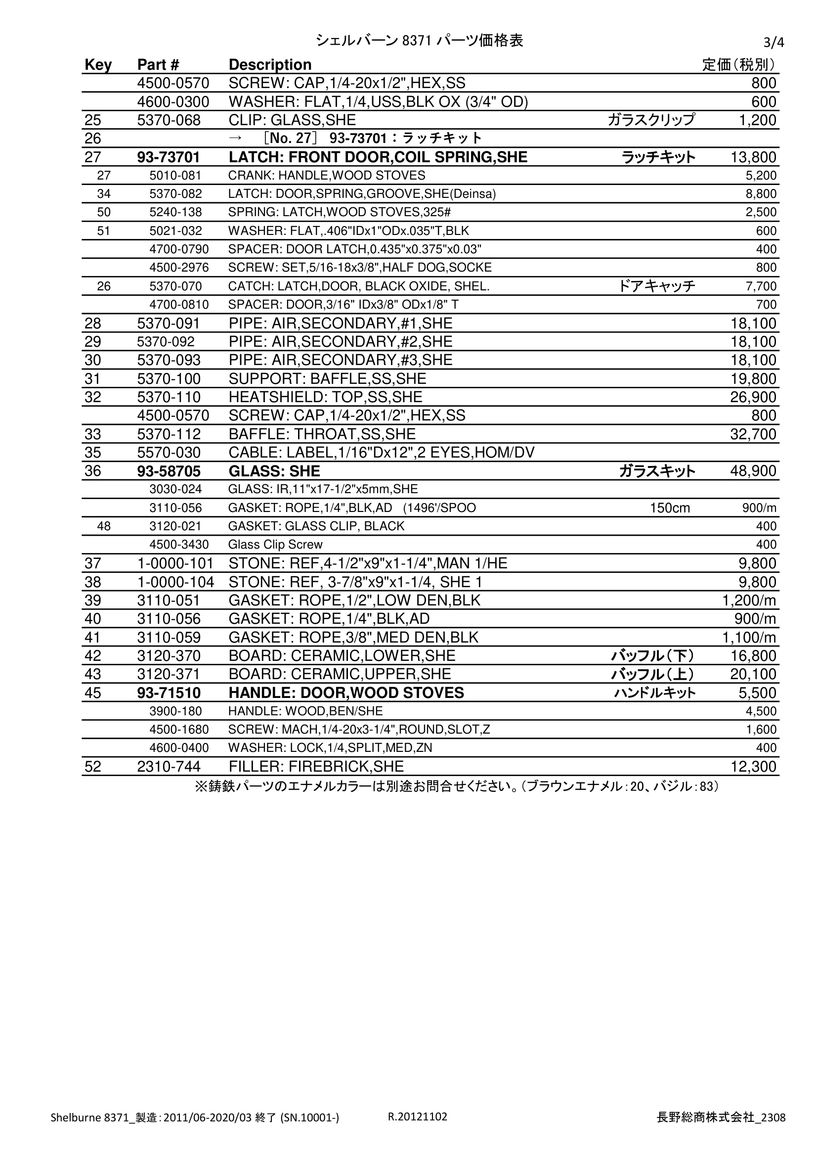 ハースストーン SHELBURNE8371 PARTS（2023年版） 価格表 3ページ目