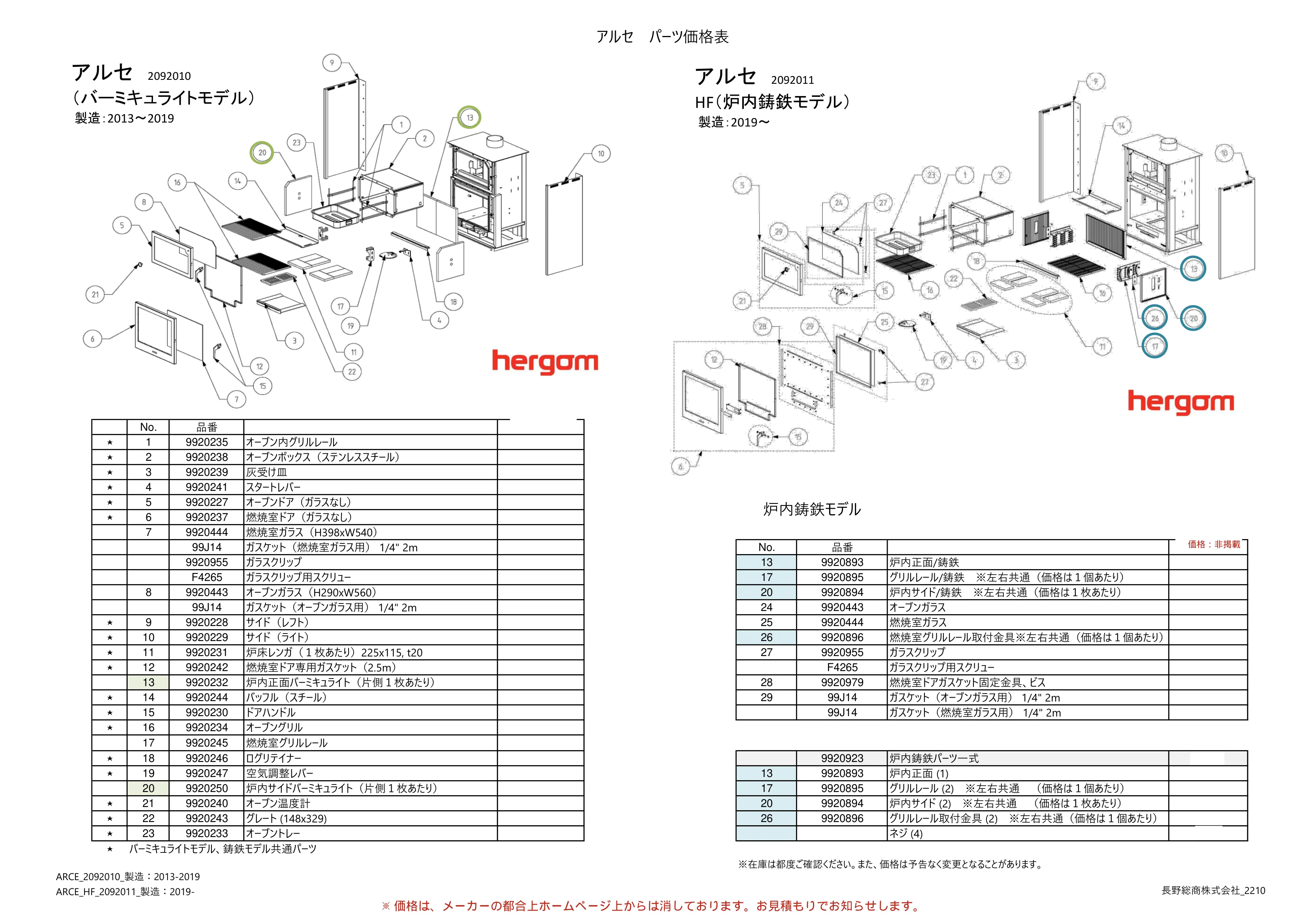 エルゴン ARCE PARTS（2022年版） 部品表