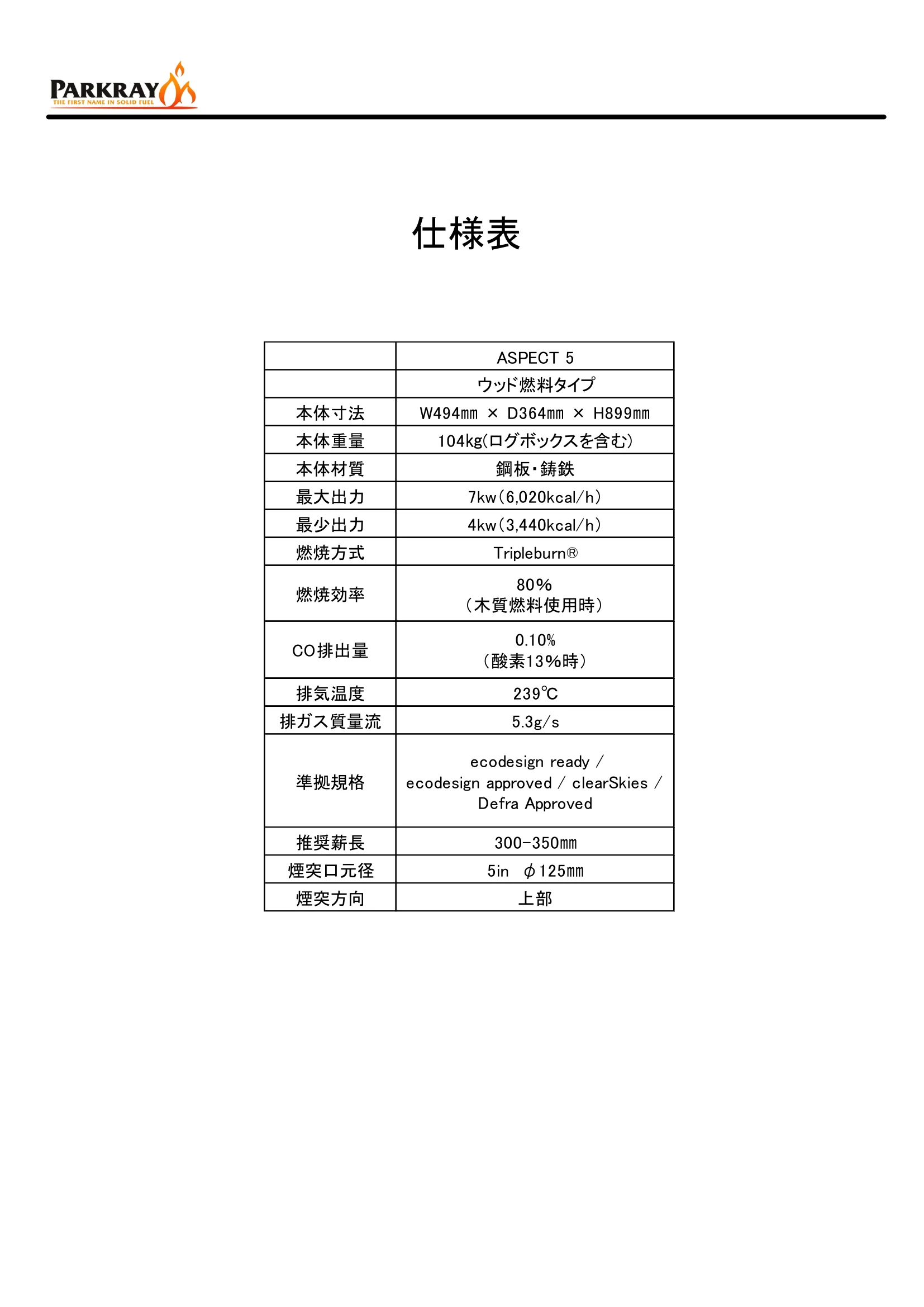 ハンターストーブ ASPECT5 取扱説明書 2ページ目