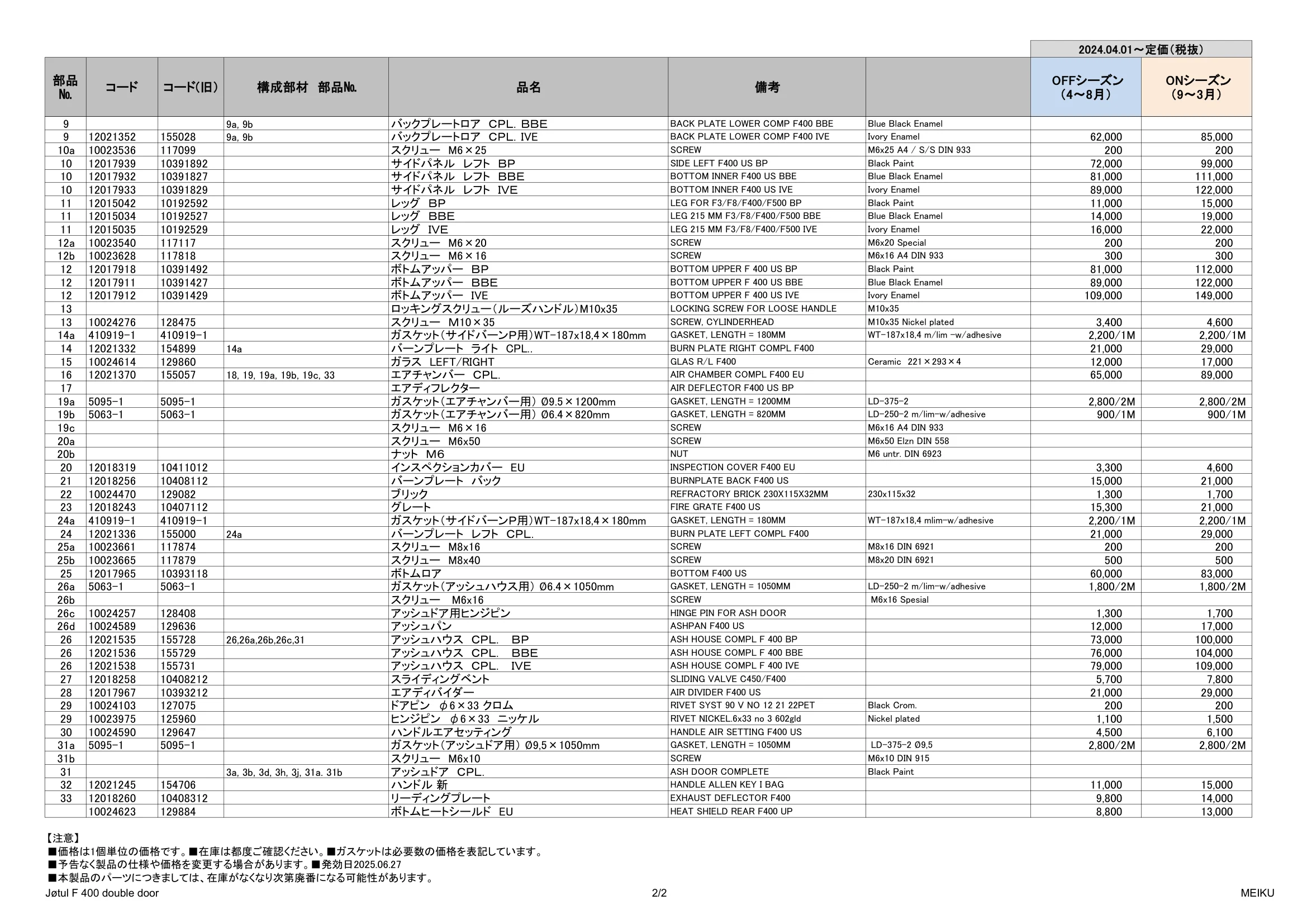 ヨツール F400DD（2025年版） パーツリスト 3ページ目