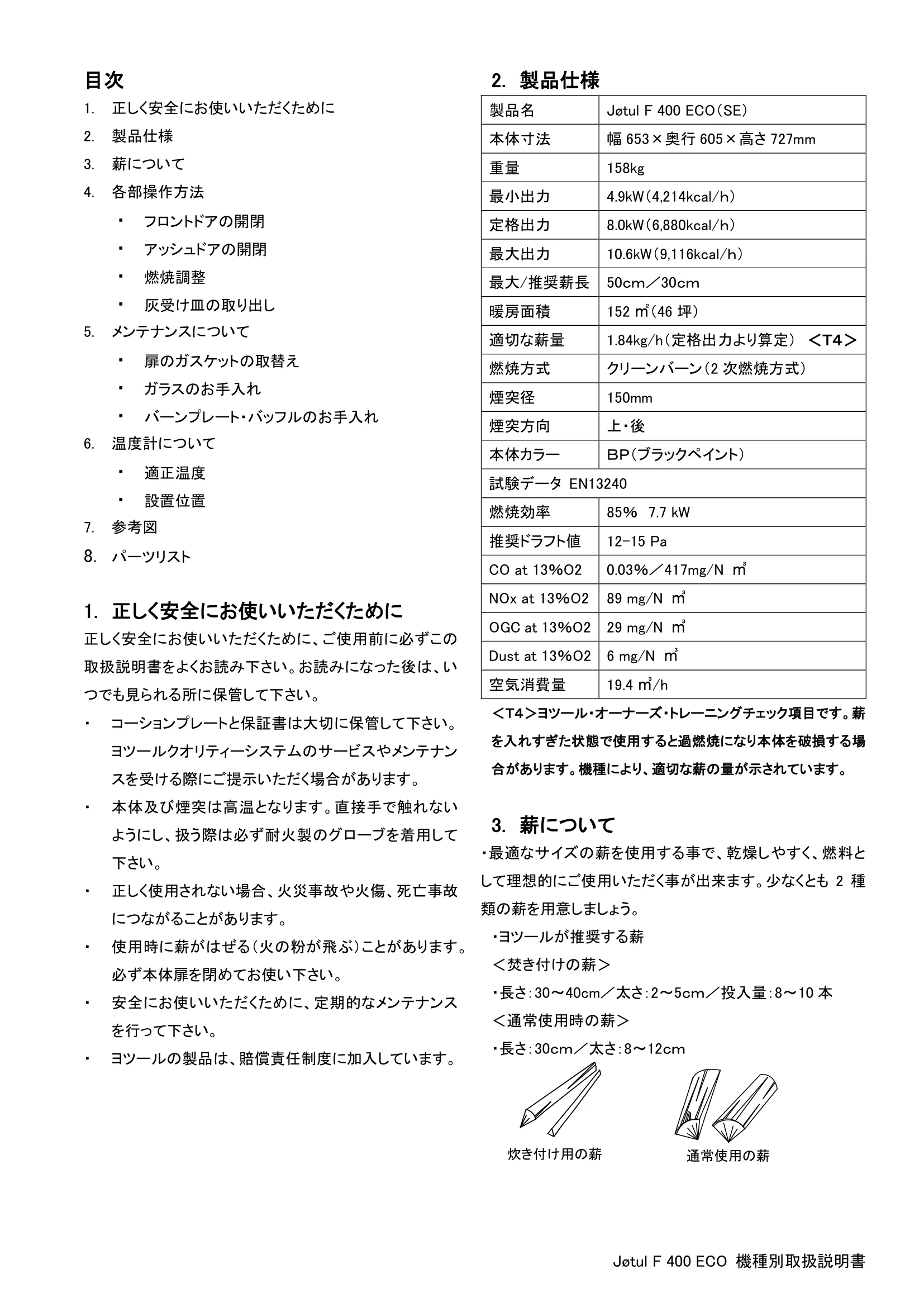 ヨツール F400ECO（2022年版） 取扱説明書 2ページ目
