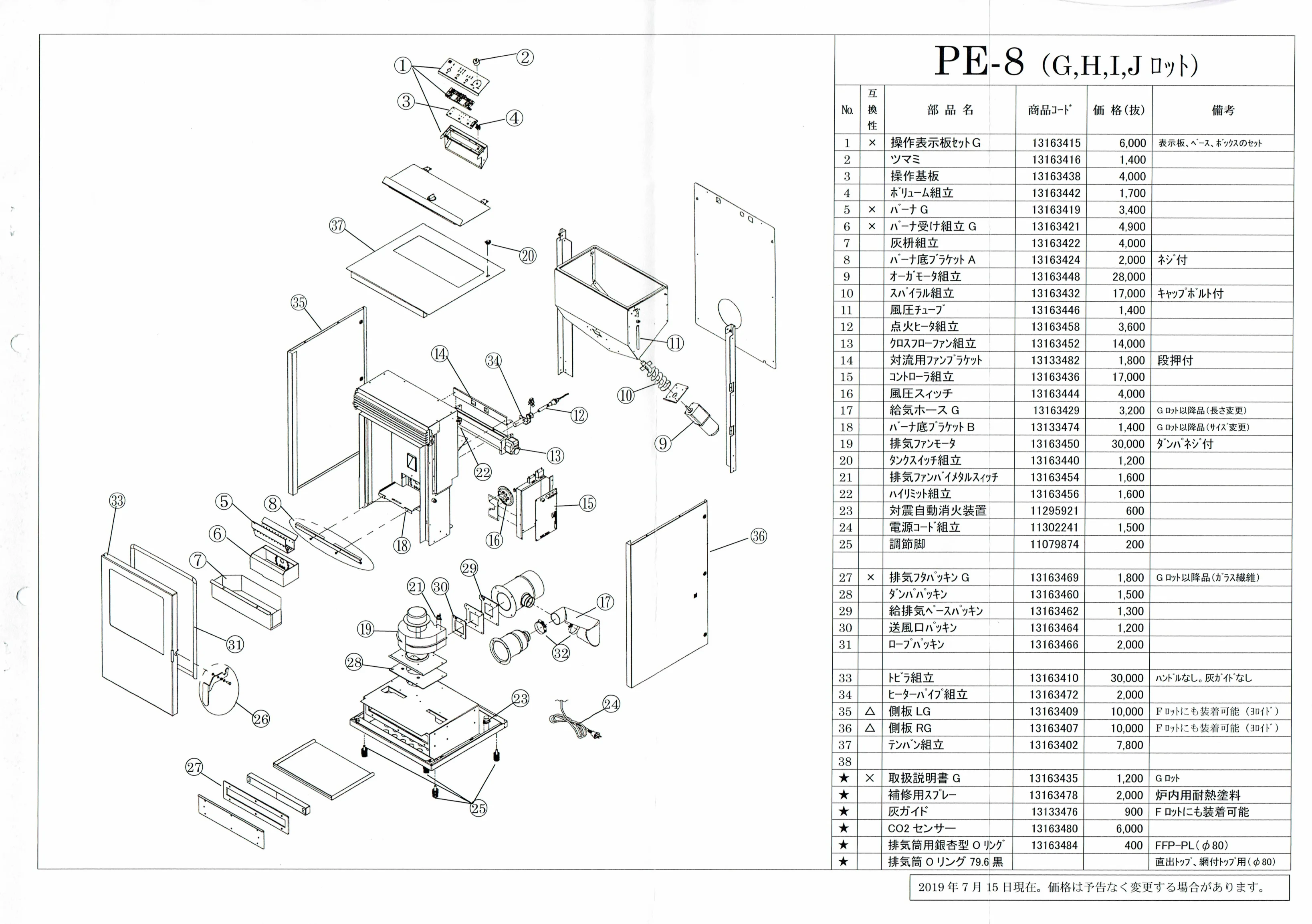 トヨトミ PE8 GHIJ LOT 部材リスト