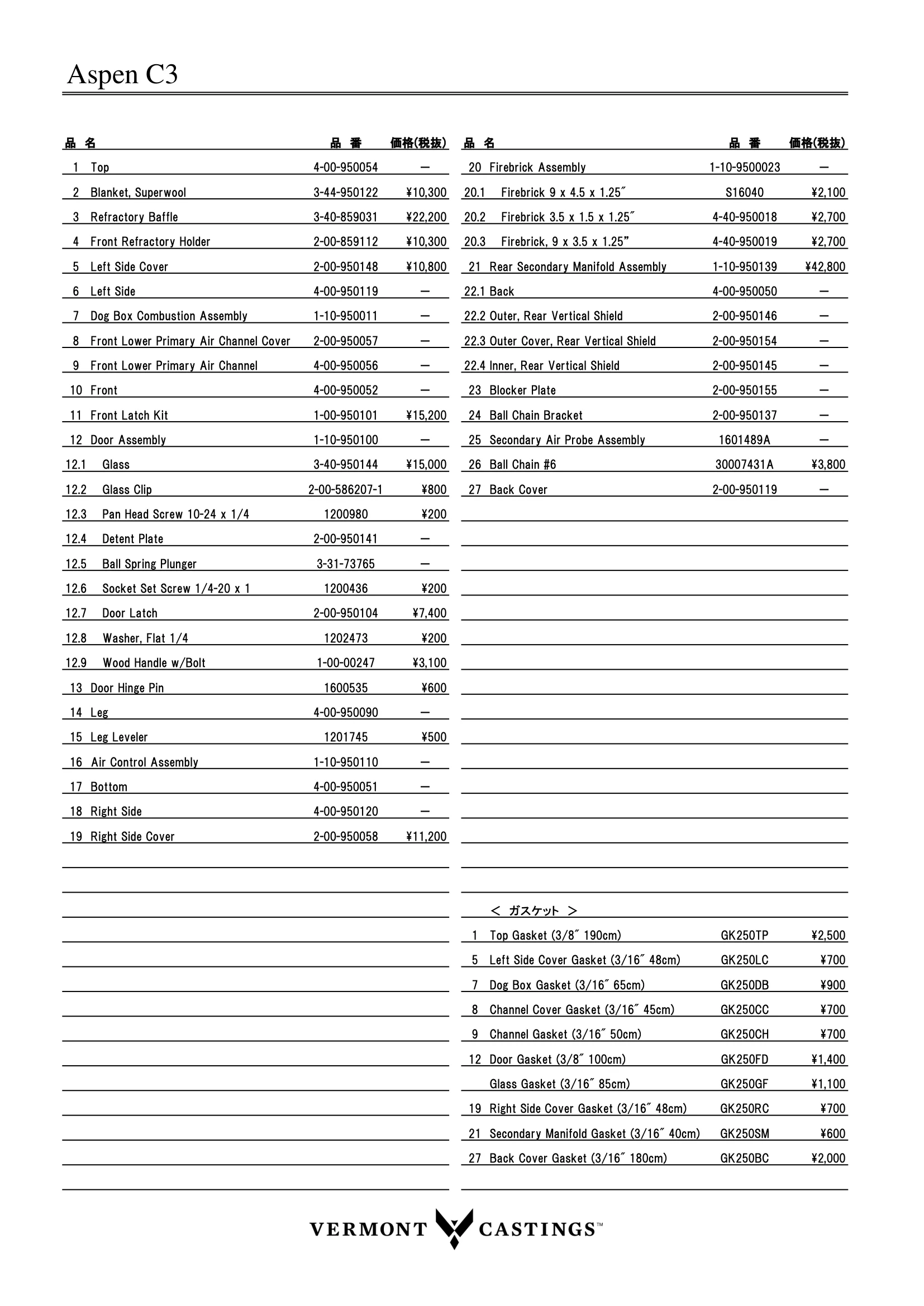 バーモントキャスティングス ASPEN C3（2023年版） パーツリスト 3ページ目
