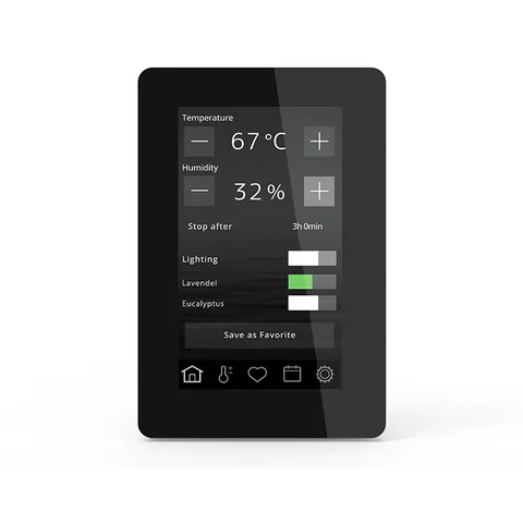 ティーロ ELITEリモコンの画面。上から Temperature 67℃、Humidity 32％、Stop after 3h 0min と並び、その下に照明とアロマのスライダーが見える
