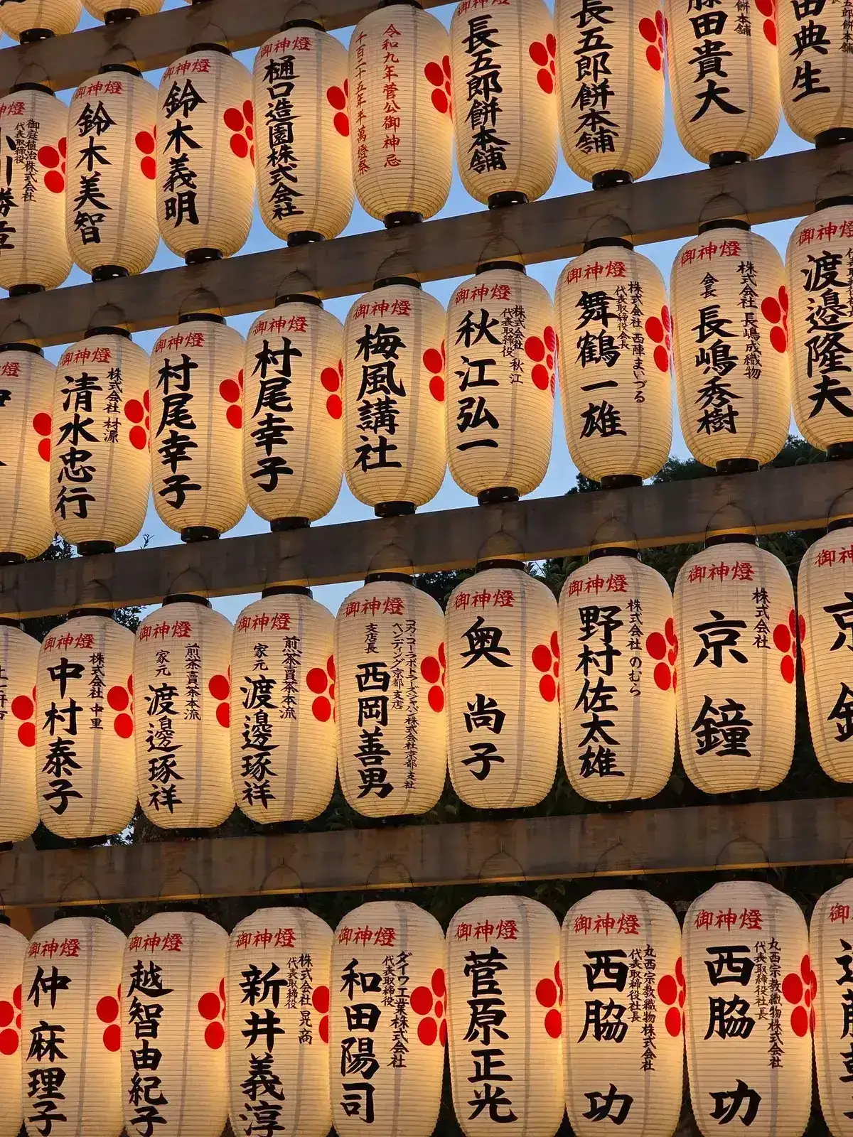 夜祭に吊り下げられた和紙提灯が連なるショット